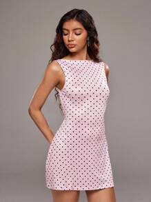 TRNVIE Women's Casual & Commuter Pink Polka Dot Backless Tie Strap Off Shoulder Boat Neck Knit Elastic Waist A-Line Mini Slip Dress, Summer