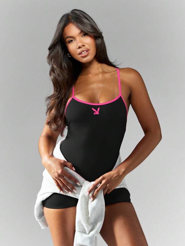 Missguided x Playboy MISSGUIDED Adjustable Strap Athletic Unitard Performance Cross Back Bodysuit Exercise Ballet Leotard Workout Jumpsuit Gym Fitness Yoga