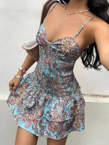 Sunnyshic 女士休闲、度假、日常、时尚波西米亚复古印花露背蝴蝶结双荷叶边下摆吊带背心迷你连衣裙，春夏 - 彩色 - 查看 5