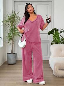 Solflare 2 件套女士加大码玫瑰红色 T 恤和运动裤，休闲套装 - 玫紅色 - 查看 6