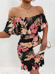 Selianne Plants Print Off Shoulder Ruffle Trim Ruched Bodycon Dress Vacation Beach Outfits Women - Black - View 5