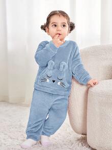 Babygirl Cute Cartoon Pattern Fluffy Long Sleeve Top And Elastic Waist Pants Set, Autumn/Winter Cute Sets Baby Girl Winter Clothes Baby Girls Sets Baby Girl Warm Sets 2 Pieces Winter Clothing Fall - Blue - View 7