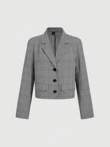 SHEIN MOD 女式千鸟格纹翻领长袖休闲薄款西装外套 - 黑色 - 查看 2