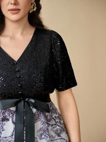 Flouryn Đầm dài vừa phải in họa tiết ren chắp vá cổ chữ V thanh lịch cho nữ cỡ lớn - Nhiều màu - Xem 2