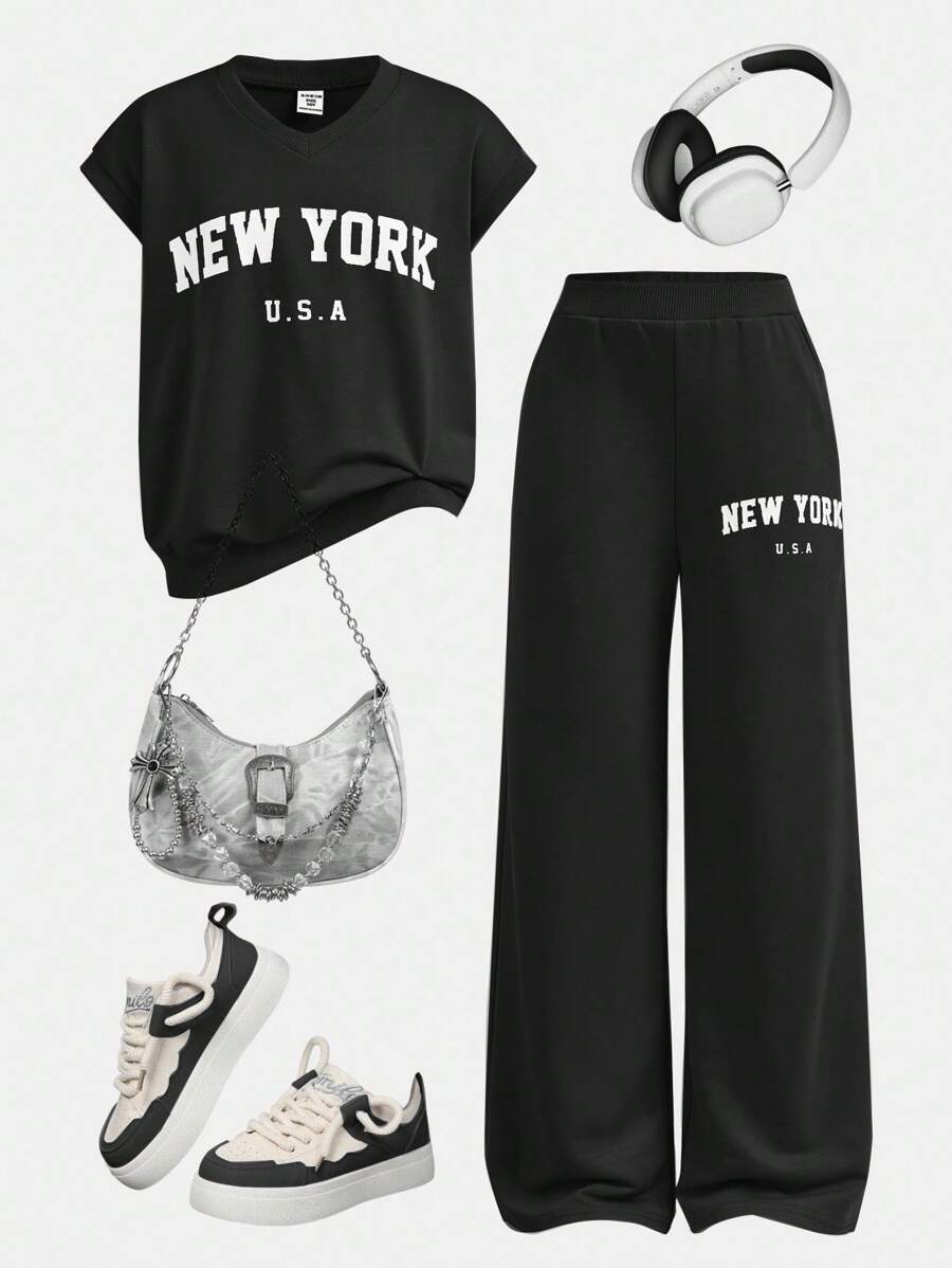 SHEIN Casual Black Co-Ords For Girls Featuring Round Neck Tee And Wide ...
