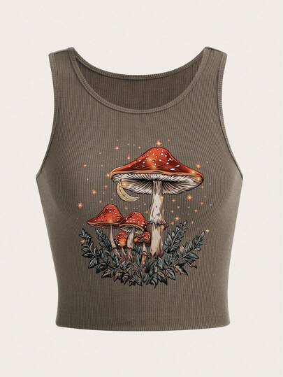 Fairycore Damen Rippstrick-Trägertop mit Pilz Muster, kurze Form