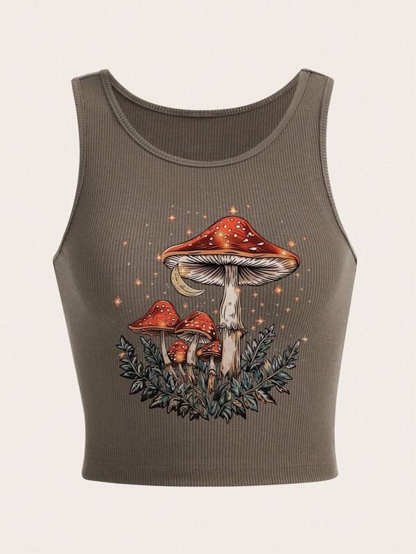 ROMWE Fairycore Women's Mushroom Print Rib-Knit Cropped Camisole Tank Top