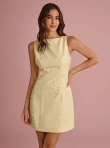 Enchnt 夏/秋浪漫女士奶油黄精致仿珍珠装饰无袖可爱迷你连衣裙，甜美优雅，适合度假、约会、节日、生日、派对、毕业典礼、婚礼宾客、办公室和外出，舞会礼服，女士夏装，女士太阳裙，夏装，女士夏装，返校 - 黃色 - 查看 6