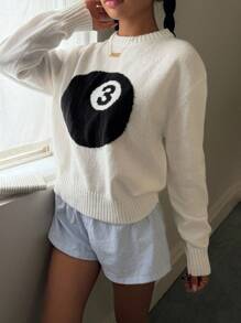 Teen Girls White Solid Round Neck Numeric Design Pullover Sweater, Minimalist Style Teen Girl Sweaters 8 Ball Sweater Soft Girl Sweaters Jumpers For Teen Girls Teen Girl Tops White Sweater Teen Girl Clothes Soft Girl Clothes Teen Girl Tops Aesthetic Teen Sweaters,In Fall/Winter - White - View 3