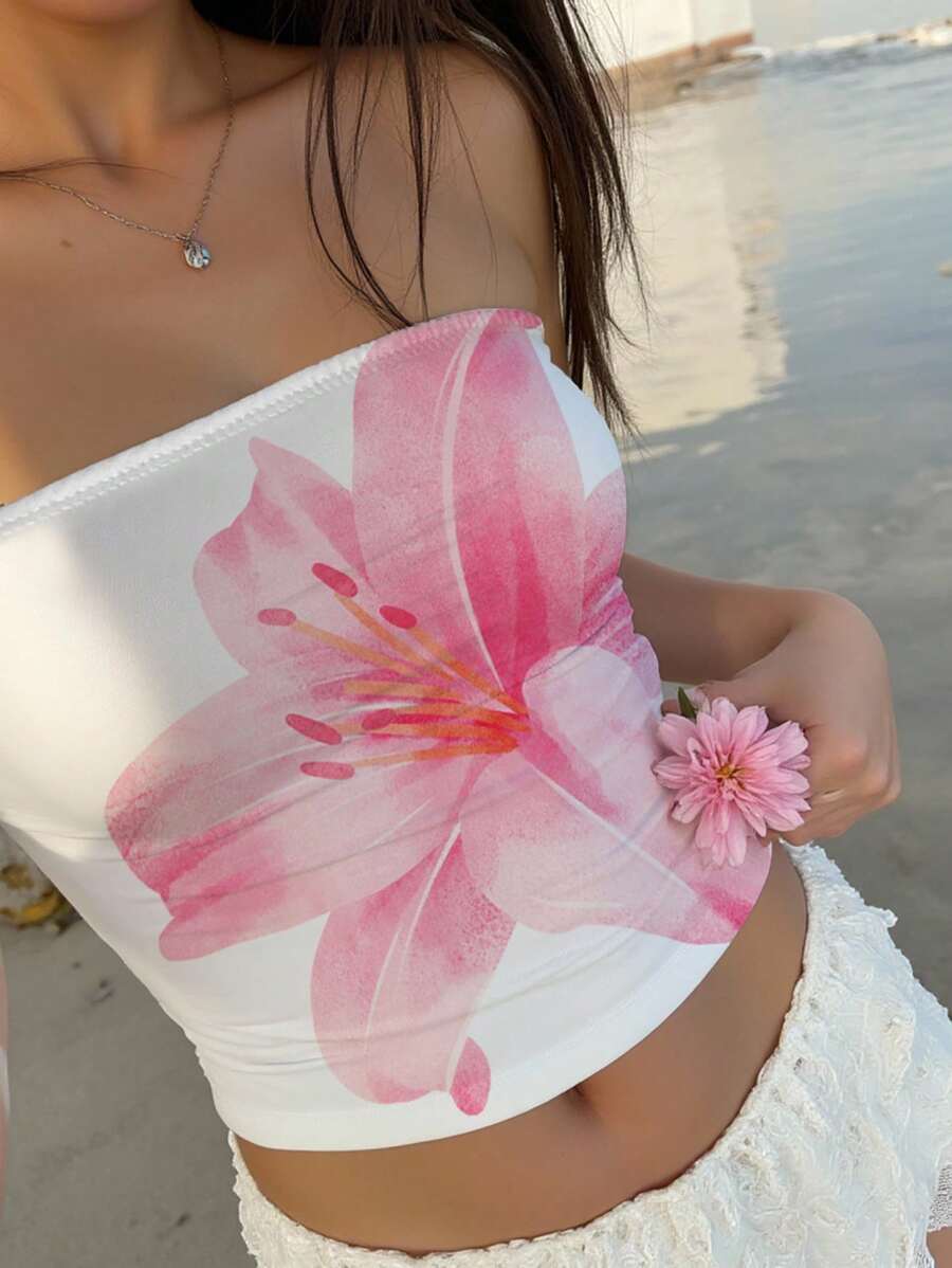 Aloruh 女士休闲粉色百合印花抹胸上衣，适合夏季、海滩、音乐节等场合，休闲舒适，是度假、春季海滩上衣的理想之选。