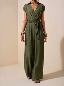 Zivah New Summer Casual Simple Basic Style Daily Dating Commuting Elegant Lapel Sleeveless Wide Shoulder Cross Strap Waist Wide Leg Straight Pants Green Women's Jumpsuit-A Green Jumpsuit Women Summer Jumpsuits For Women Casual Jumpsuits For Women Green Women Jumpsuit - Army Green - View 4