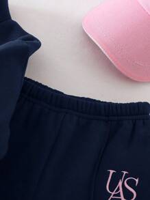 SHEIN 2 件套女婴图案保暖内衬保暖运动衫和裤子套装，适合秋冬季户外和室内穿着