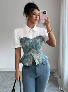 Elenzga Camisa con estampado floral de textura 2 en 1 para primavera/verano - Multicolor - Ver 6