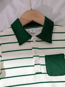 SHEIN 2pcs/Set Young Boy Summer Textured Striped Polo Collar Top And Cargo Pants Outfit - Dark Green - View 7