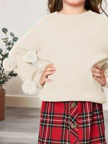 SHEIN 女童3D毛球可爱圆领针织毛衣，适合日常休闲穿着。女童针织毛衣，带毛球毛衣，毛球毛衣，奶油色女童毛衣，女童冬季毛衣，返校季女童针织毛衣，带毛球女童毛衣，女童毛衣。 - 杏色 - 查看 7
