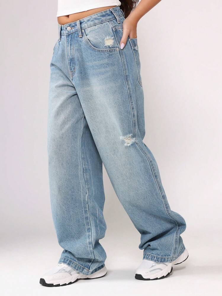 High Rise Baggy Distressed Denim Jeans With Wide Leg
