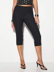 KIZN Capri Length High Waisted Leggings Stretchy Bengaline Fabric Dressy Evening Wear Form Fitting Bottoms Non See Through Pull On Office Wear Classic Pants - Black - View 1