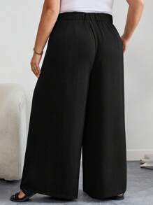 SHEIN CURVE+ 大码曲线/校园服/返校服/返校季大码女装办公室休闲裤，黑色高腰直筒休闲裤，简约时尚，适合日常穿着 - 黑色 - 查看 2