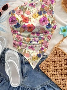 Soleia Áo crop top hở lưng in họa tiết hoa giản dị dành cho nữ, thích hợp cho kỳ nghỉ hè - Nhiều màu - Xem 3