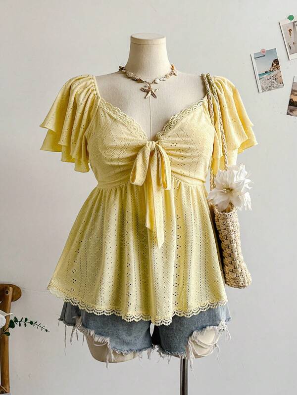 Dreamara T-shirt trapèze jaune en tricot ajouré à motif floral pour femme, grande taille, avec volants, taille nœud et nœud papillon