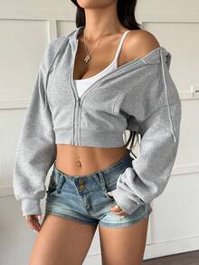 Rina Fox Y2K Street Sexy Long Sleeve Solid Color Grey Casual Crop Hoodie Zip-Up Sweatshirt With Pocket - Light Grey - View 3