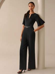 Lilora Salopetă elegantă pentru femei, cu mâneci evazate, în culoare solidă, de vară - Negru - Vizualizare 8