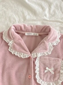 SHEIN Genkimix Kids 2 件年轻女孩简约时尚休闲荷叶边拼接长袖上衣和裤子睡衣套装女童睡衣套装荷叶边睡衣套装粉色睡衣套装返校时尚 - 淡紫色 - 查看 4