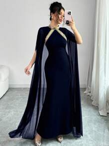 Elenzga 拼色装饰立领优雅蝙蝠袖美人鱼下摆时尚连衣裙，适合派对和宴会，女士长款女装 - 藍色 - 查看 5