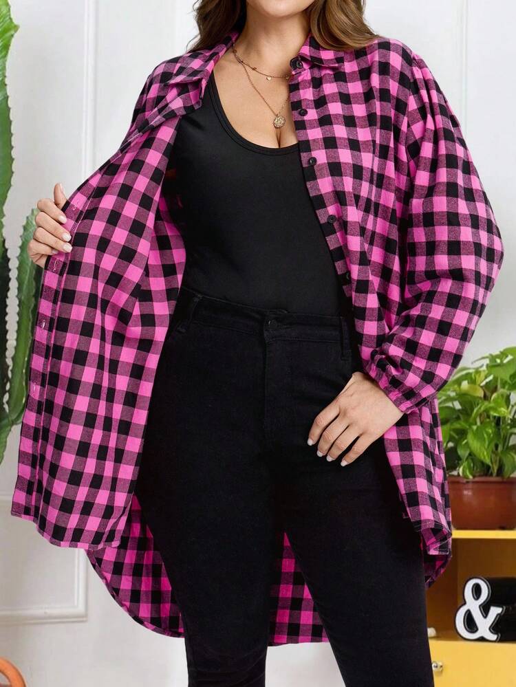 Plus Size Women's Casual Loose Plaid Pattern Long Sleeve Jacket, Everyday Wear,Autumn And Winter, Fall