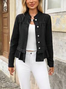EMERY ROSE Women's Long Sleeve Single-Breasted Ruffled Hem Casual Denim Jacket - Black - View 5