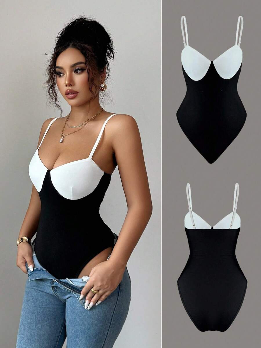 SHEIN Unity Gaun Mini Bodycon Seksi dan Modis dengan Kontras Hitam & Putih dan Tali Bahu Tipis, Cocok untuk Liburan Pantai atau Resor, Musim Semi/Panas - Hitam dan Putih - View 1