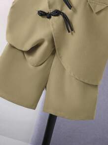 SHEIN 2 件套幼儿男童复古中国风纽扣短袖上衣和短裤套装，时尚、凉爽、舒适，适合春夏季度假、旅行、放松、日光浴