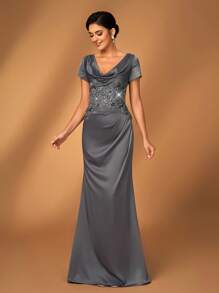 Serin 优雅奢华黑色刺绣蕾丝串珠拼布缎面褶饰美人鱼下摆短袖连衣裙，适合婚礼、派对、度假、庆典、正式场合、新娘母亲礼服 - 黑色 - 查看 6