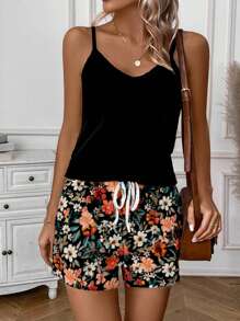 EMERY ROSE Plus Size 2pcs Floral Print Vacation Set Suitable For Going Out