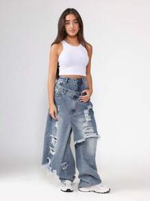 SUMWON Distressed Denim Wide Leg Jeans Baggy Ripped Y2K Double Waistband Frayed Hem Vintage Inspired Festival Streetwear Boyfriend Style Fall Winter - Blue - View 2