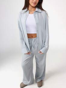 SUMWON 宽松版型细条纹衬衫阔腿裤套装，休闲秋冬春季搭配套装 - 淺藍色 - 查看 3