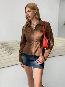 SHEIN EZwear Áo khoác thường ngày màu trơn dài tay có khóa kéo túi trước cho nữ - Màu Khaki - Xem 3