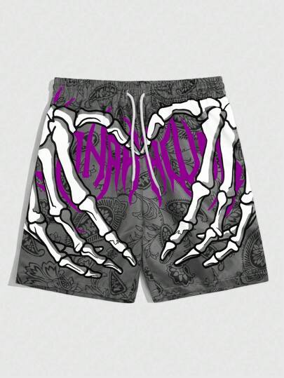 Grunge Punk Pantalones cortos casuales con cordón en la cintura, con estampado de letra y mano de esqueleto, para Halloween