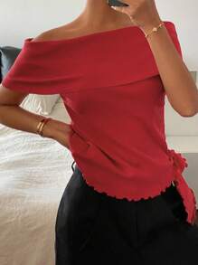Livesso 女士纯色红色露肩系带优雅度假针织上衣 - 紅色 - 查看 5
