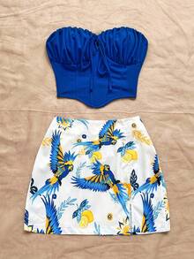 Soleia Women White And Blue Floral Boho Tube Top & Skirt Set,Beach Vacation 2 Pieces Outfit,Tropical Print Music Festival Club Summer Set  No Chest Padding - Multicolor - View 5
