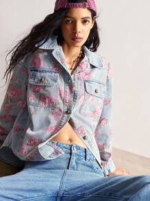 Bohemela 复古乡村风格玫瑰印花女式牛仔夹克