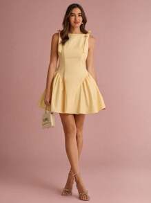 Enchnt 夏/秋浪漫女士奶油黄色蝴蝶结装饰褶饰荷叶边下摆无袖公主可爱迷你连衣裙 - 黃色 - 查看 6