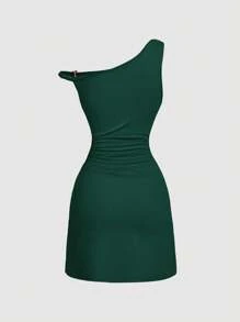 SHEIN MOD Fitted Ruched Metal Buckle Midi Dress, Olive Green - Dark Green - View 2