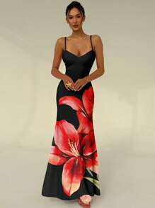 Aloruh 细肩带紧身节日花卉性感印花女式连衣裙，红百合，夏威夷花卉连衣裙，适合海滩、度假、派对、优雅约会、波西米亚风格服装、紧身连衣裙