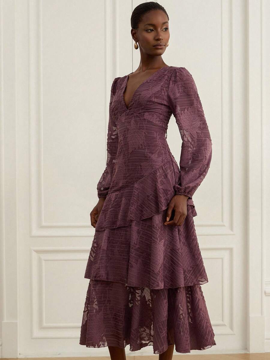 GENKIRA 优雅浪漫精致深V领性感红黑花卉随机印花层叠雪纺长袖女式连衣裙 - 紫丁香色 - 查看 1