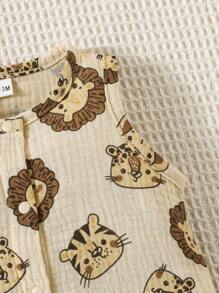 SHEIN 新生儿夏季新款婴儿宝宝纯棉可爱狮子卡通印花连体衣婴儿衣服套装 - 卡其色 - 查看 8