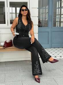 SHEIN CURVE+ 大码女式牛仔喇叭裤，带刺绣，黑色弹性个性化牛仔牛仔裤 - 黑色 - 查看 5