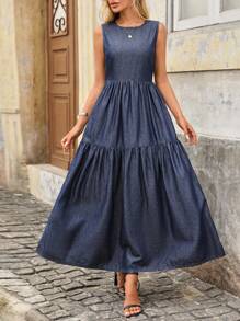 EMERY ROSE 女式休闲无袖牛仔长裙，带荷叶边下摆，夏季 - 深色水洗藍 - 查看 4