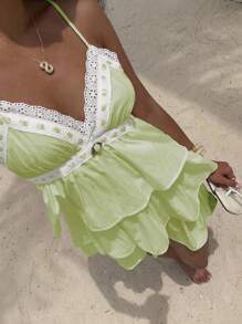 Sunnyshic Women's Vacation Casual Lace Trim Ruffle Hem Cami Mini Dress - Green - View 8