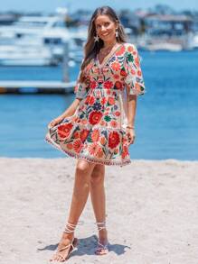 Sylviya Rave Outfits Concert Outfit Women Country Concert Outfit Rave Outfits Festival V-Neck Fitted Waist Ruffle Hem A-Line Flare Sleeve Colorful Floral Casual Resort Elegant Dress For Women, Spring/Summer,Vacation - Multicolor - View 5